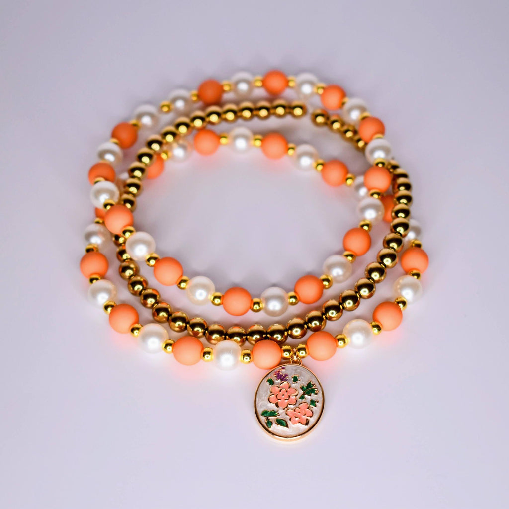 Orange and Gold Vintage Flower Charm Bracelet Set