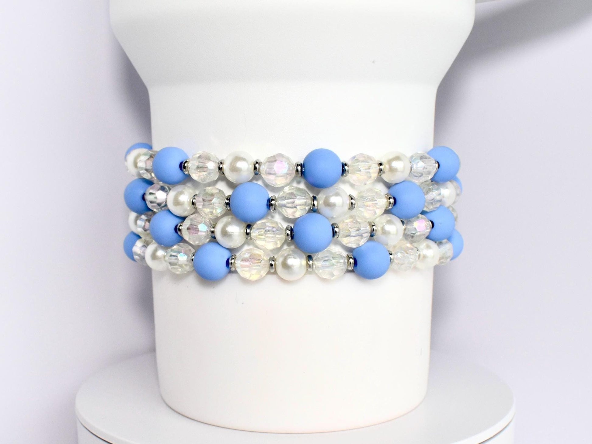 Baby Blue and Pearl Beaded Bracelet with Crystal and Silver Accents