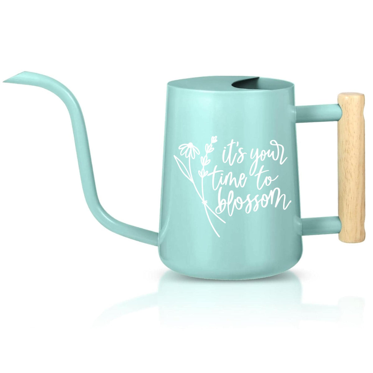 A light blue watering can with a long, curved spout and a wooden handle. The can has a cylindrical body with a rounded base and a handle on the side. White text on the can reads 'it's your time to blossom' with a floral design. The watering can is designed for gardening.