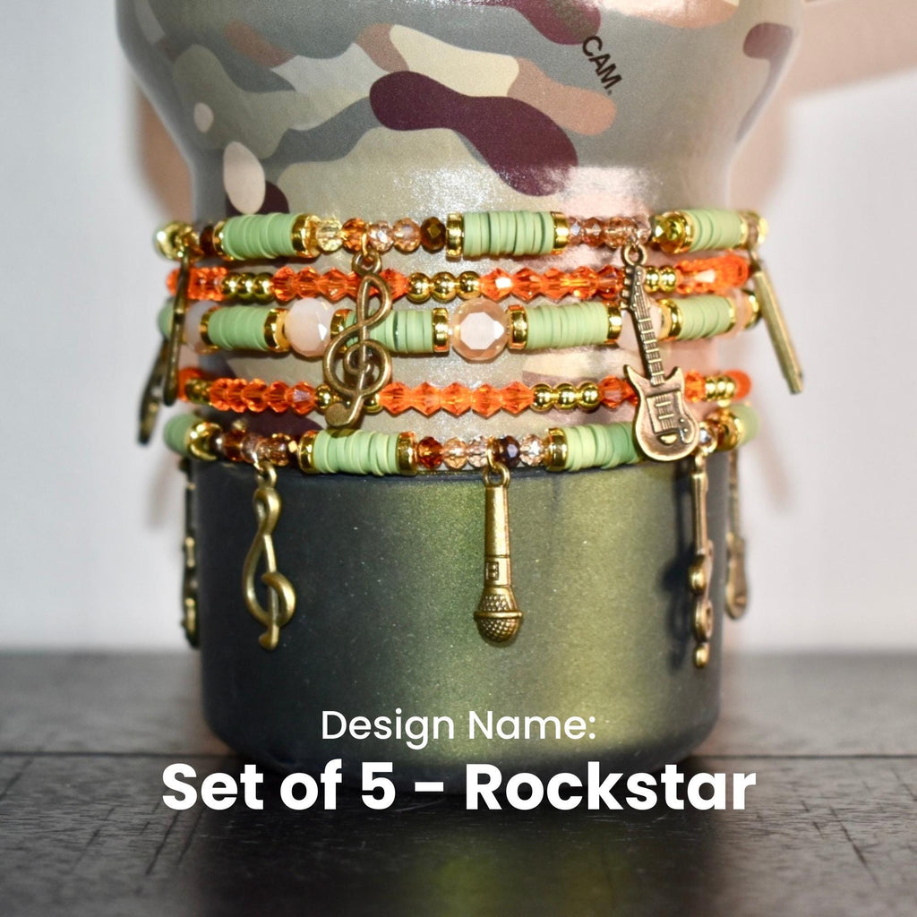 Camouflage Bracelet Stack with Music Charms: Gold, Brown, and Orange Charm Bracelets
