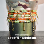 Camouflage Bracelet Stack with Music Charms: Gold, Brown, and Orange Charm Bracelets