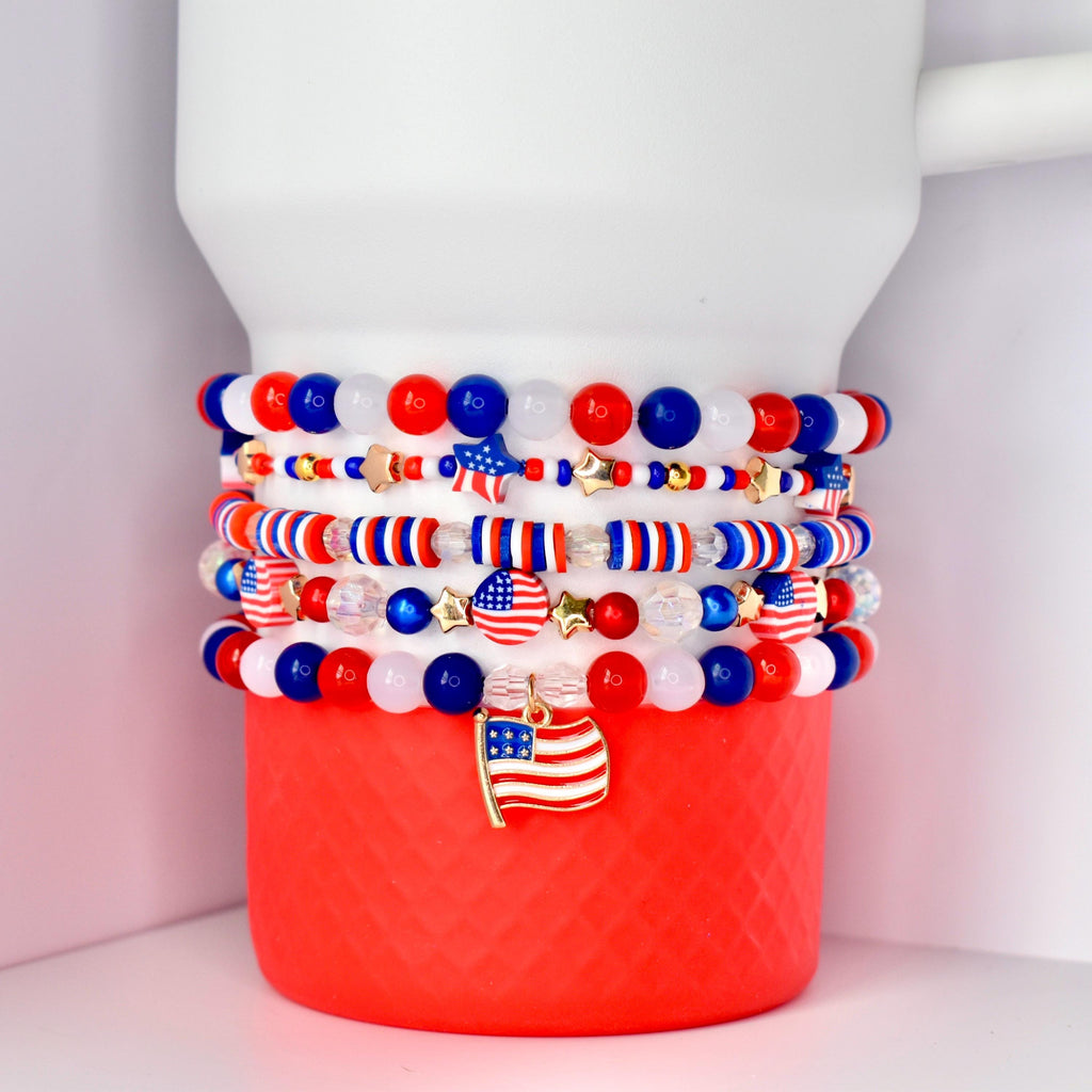 4th of July Independence Day Patriotic Tumbler Bracelet Custom Beaded Design Water Bottle Band Collection Quality Construction Multiple Size Compatible Beautiful Charm Selection Perfect Gift Idea Holiday Style Essential Cup Holder