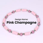 Pink Champagne beaded bracelet. The bracelet features light pink, disc-shaped beads interspersed with small, round, mauve-colored beads. Silver-colored metal beads are between the disc beads. The design name 'Pink Champagne' is displayed in black text.