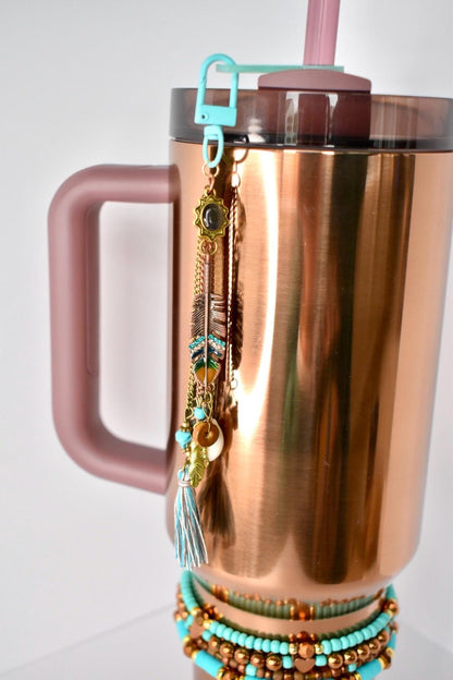 Boho Tumbler Straw Charm: Turquoise, Copper & Rose Gold