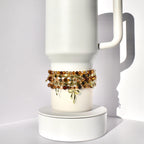 Tumbler Bracelet Collection Cup Holder Jewelry Glass Bead Set Amber Brown Gold Color Combination Decorative Bow Charm Accent Elastic Band Design Tumbler Accessories Perfect Gift Idea Stretchy Jewelry Collection Custom Drink Holder Style