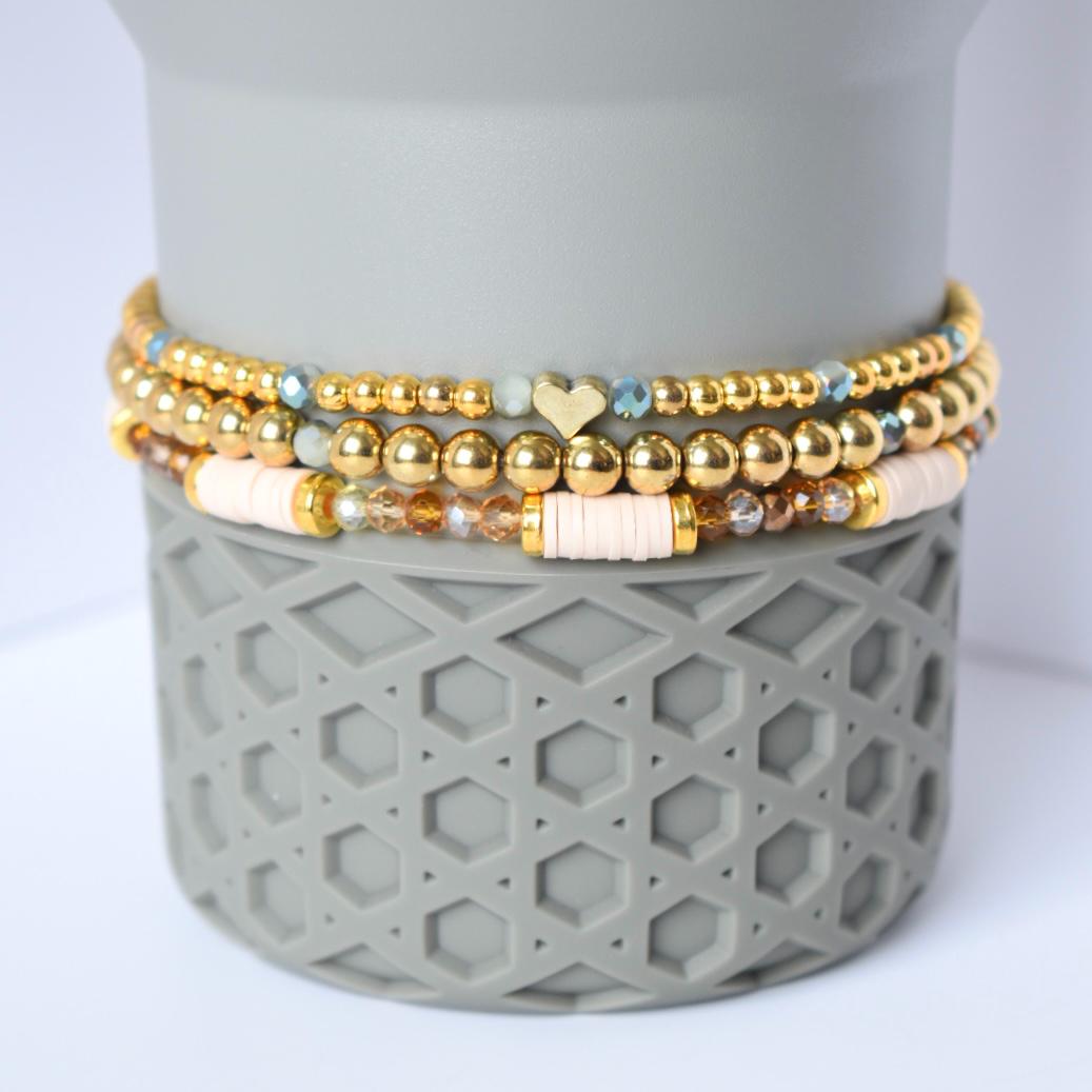 Set of 3 handmade tumbler bracelets in gold blush and soft sage tones elegant minimalist design that complements any neutral tumbler with a touch of chic charm.