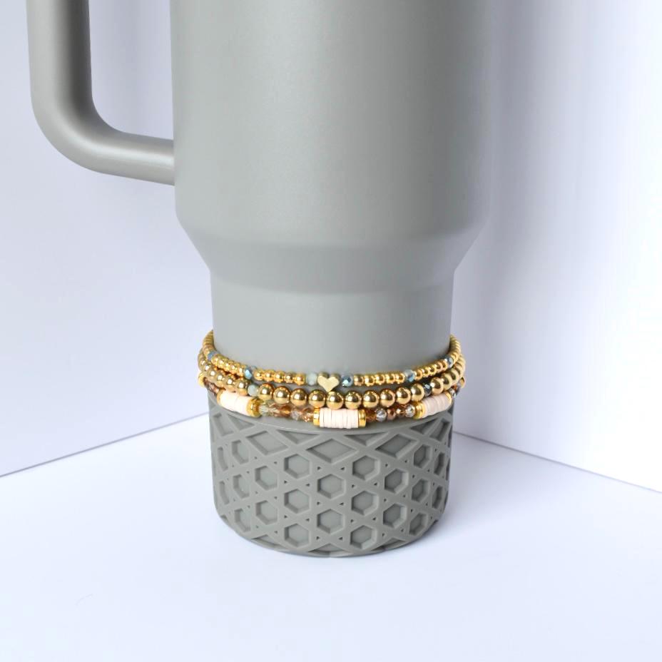 Sage Grey Tumbler Bracelet Set with gold beads pastel accents and heart charm handmade neutral tumbler accessory for stylish understated tumbler decor.