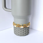Sage Grey Tumbler Bracelet Set with gold beads pastel accents and heart charm handmade neutral tumbler accessory for stylish understated tumbler decor.