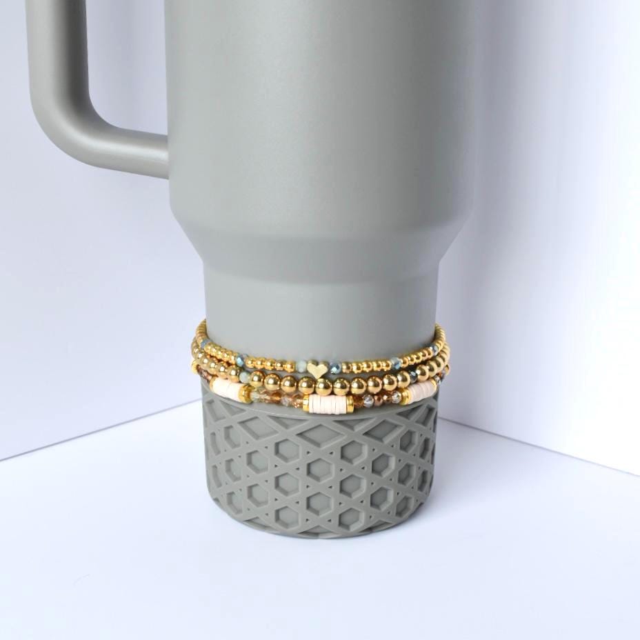 Sage Grey Tumbler Bracelet Set with gold beads pastel accents and heart charm handmade neutral tumbler accessory for stylish understated tumbler decor.