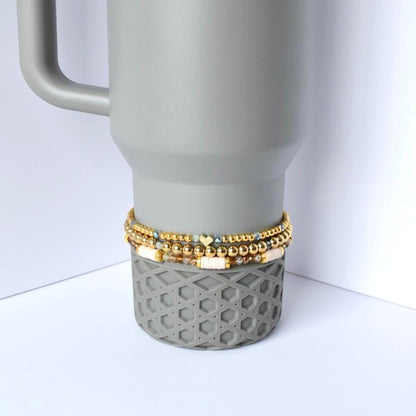 Sage Grey Tumbler Bracelet Set with gold beads pastel accents and heart charm handmade neutral tumbler accessory for stylish understated tumbler decor.