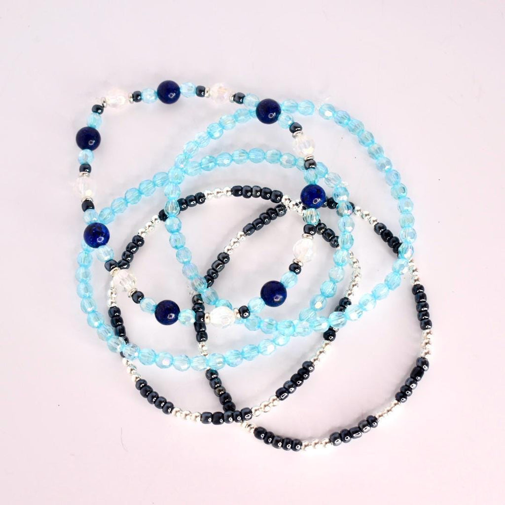 Blue and Silver Bracelet Collection: Set of 5 Handmade Blue Beaded Bracelets
