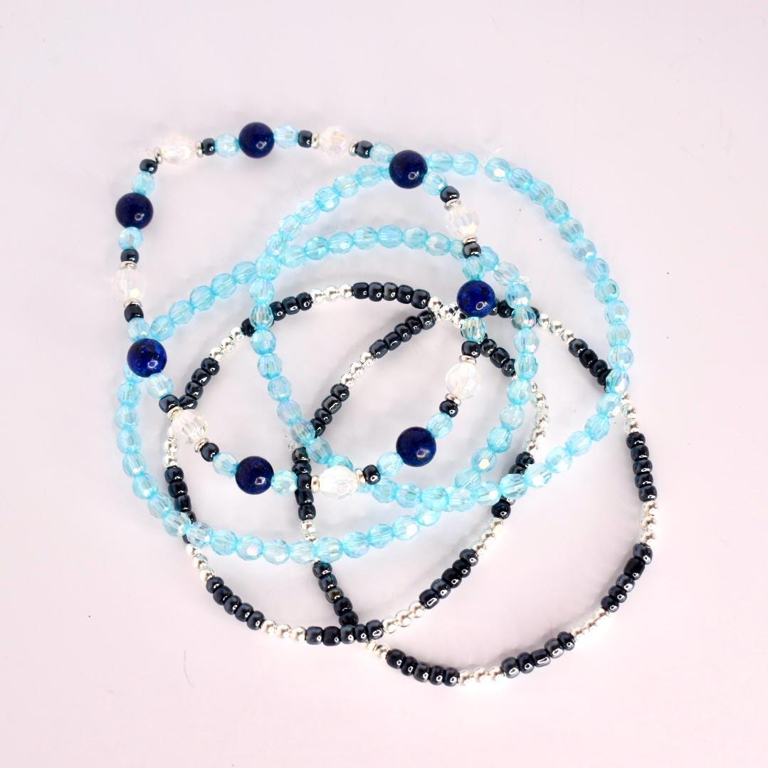 Blue and Silver Bracelet Collection: Set of 5 Handmade Blue Beaded Bracelets