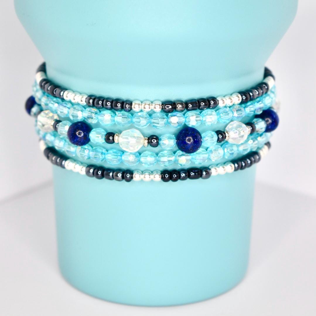 Blue and Silver Bracelet Collection: Set of 5 Handmade Blue Beaded Bracelets