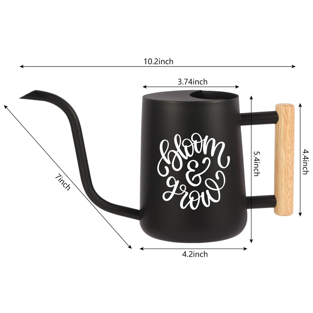 Black metal watering can with a wooden handle and the words "bloom & grow" in white script. The can is 10.2 inches long, 4.2 inches wide, and 5.4 inches tall. The spout is 7 inches long.