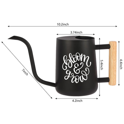 Black metal watering can with a wooden handle and the words "bloom & grow" in white script. The can is 10.2 inches long, 4.2 inches wide, and 5.4 inches tall. The spout is 7 inches long.