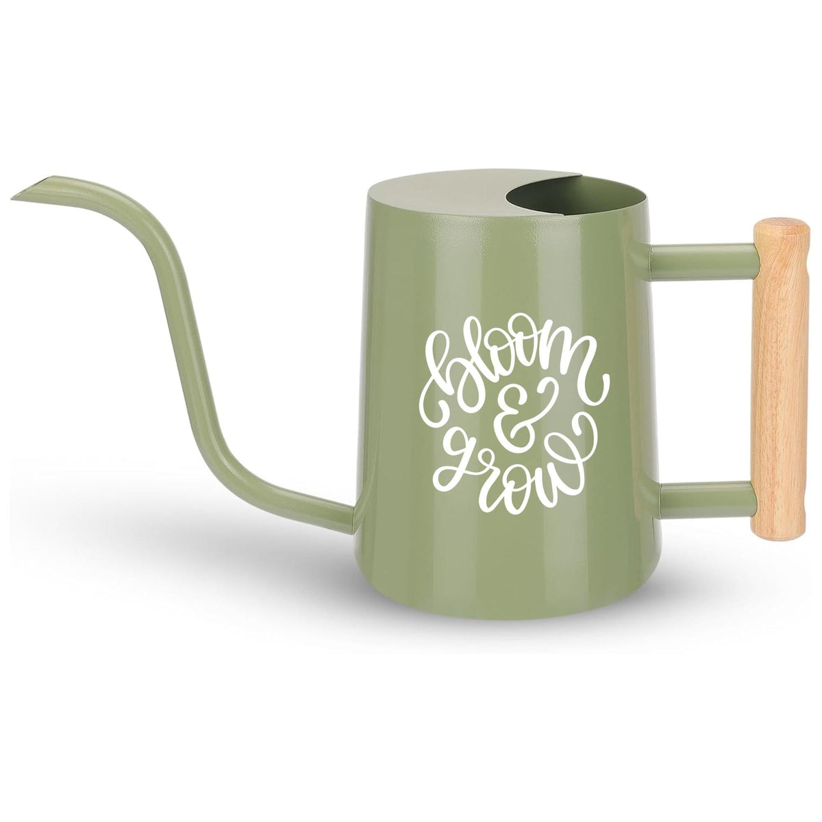 A sage green metal watering can with a long, curved spout and a wooden handle. The words "bloom & grow" are written in white script on the side. This garden accessory is designed for watering plants.