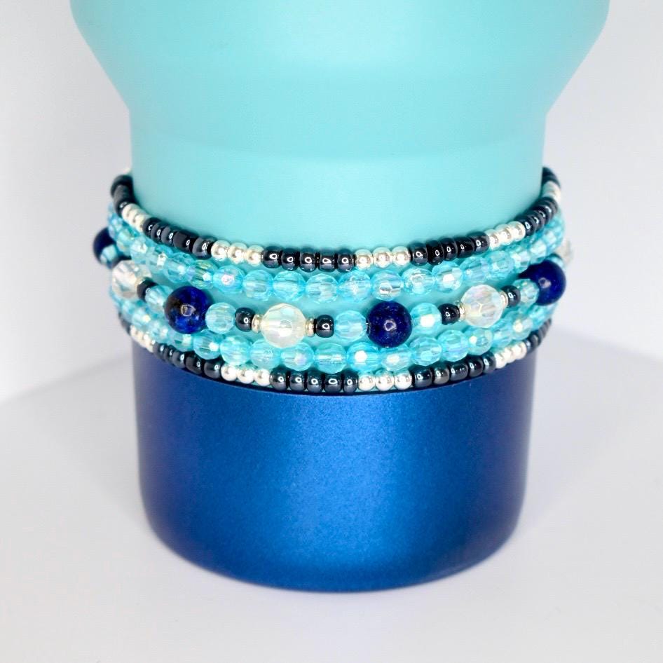Blue and Silver Bracelet Collection: Set of 5 Handmade Blue Beaded Bracelets