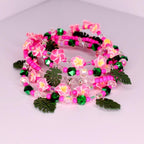 Set of 5 floral tumbler bracelets in green and pink with pearl and sparkle details—an ideal handmade gift for her, great for tropical gift baskets or summer events.
