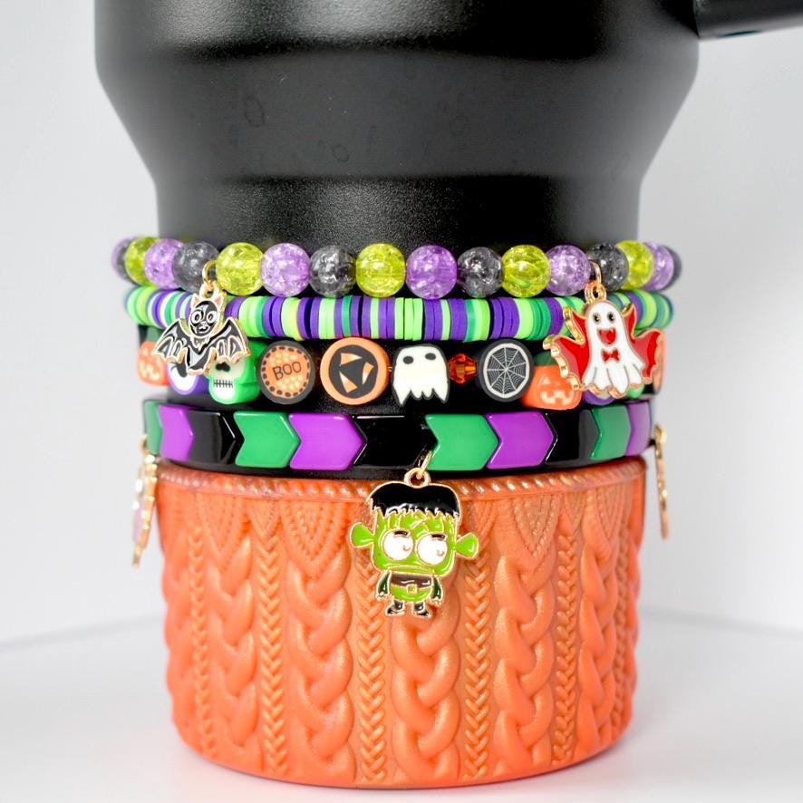 Halloween Tumbler Bracelet Set Orange Black Theme Drink Cup Accessory Collection Metal Charm Stretch Band Holiday Gift Spooky Style Design Perfect Party Essential Festive Drink Holder Decoration Beautiful Display Collection Seasonal Home