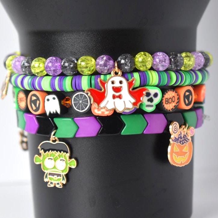Halloween Tumbler Bracelet Stack Holiday Collection Orange Black Metal Charm Design Stretch Band Accessory Perfect Party Essential Spooky Style Accent Beautiful Display Collection Seasonal Gift Idea Festive Home Addition