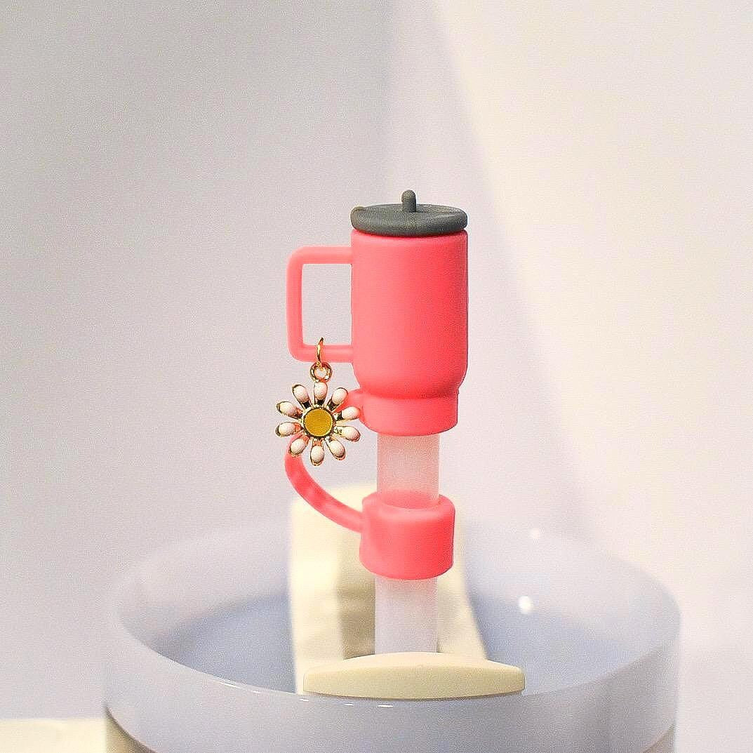 Mini Tumbler Straw Topper: Flower Handle Charm, Silicone Cover