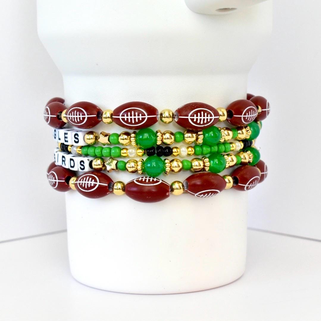 Philadelphia Eagles Football Bracelet Collection: Green Black and Gold Beaded Bracelets