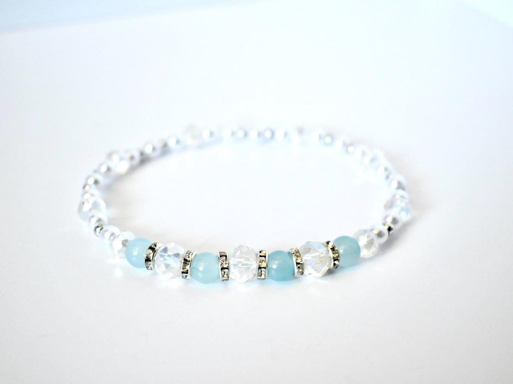 Seafoam Bracelet Collection: Light Blue and Crystal Beaded Bracelets with Silver Accents