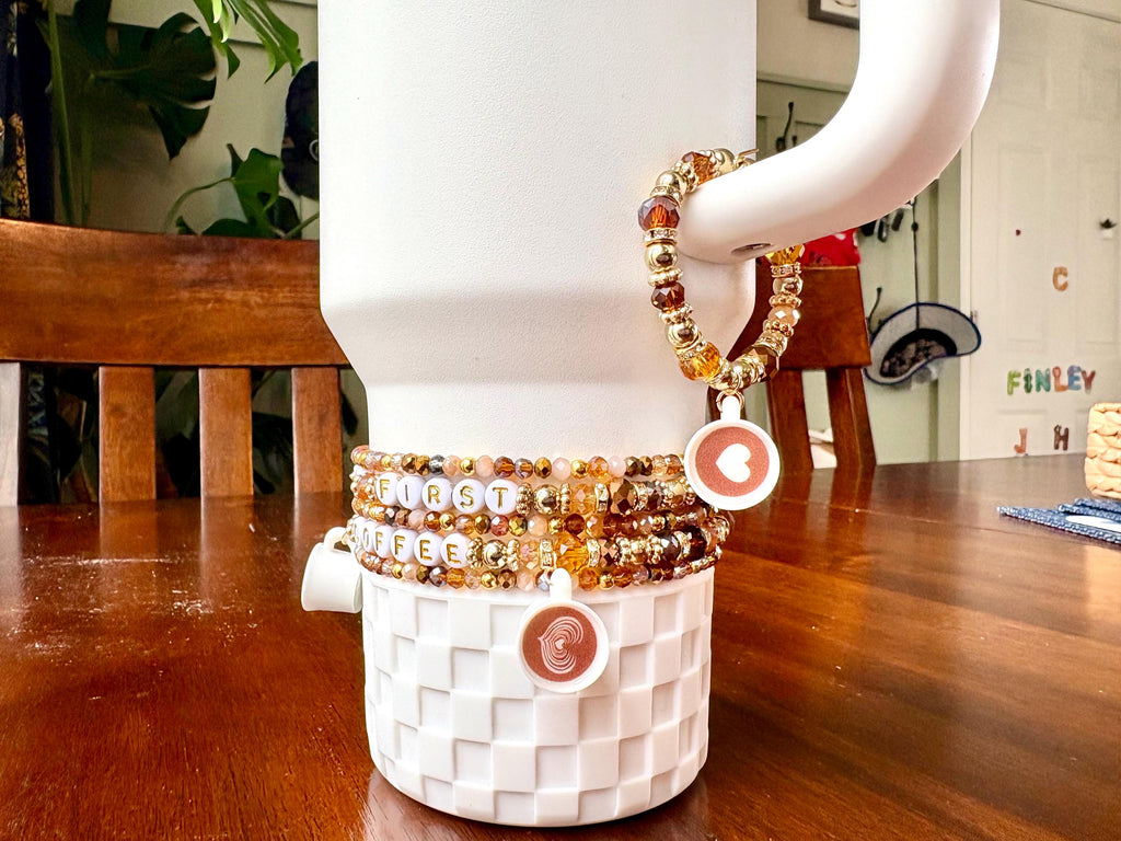 But First Coffee Bracelet Collection - 5 Piece Set Beaded Bracelets with Coffee Cup Charms