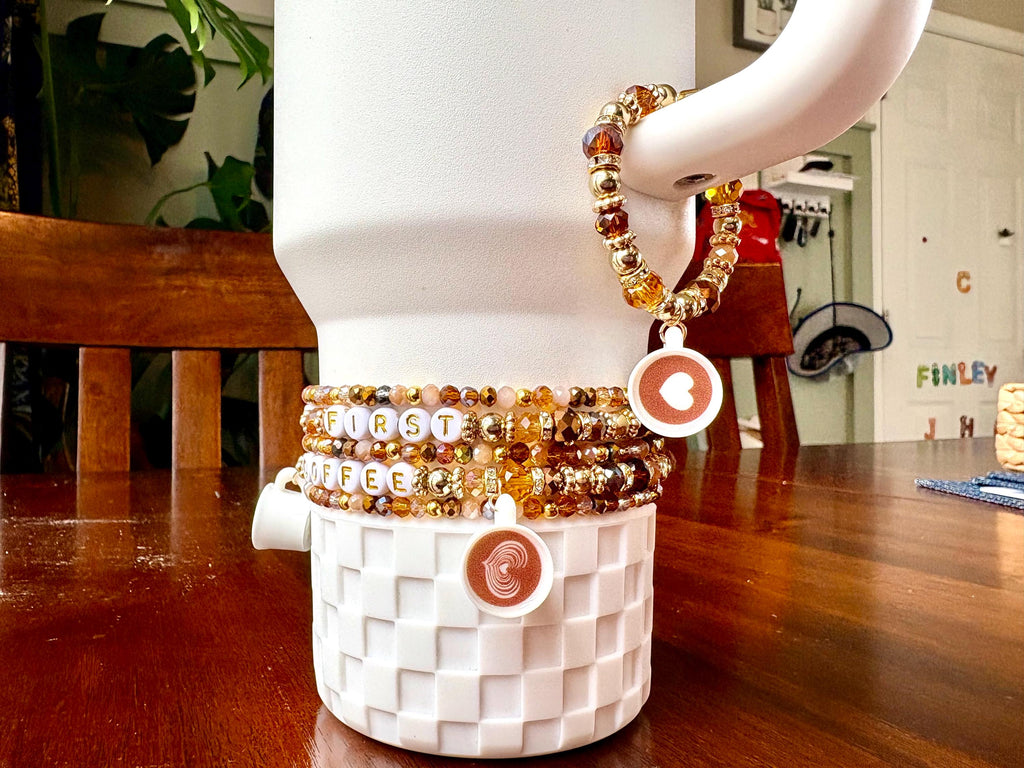 But First Coffee Bracelet Collection - 5 Piece Set Beaded Bracelets with Coffee Cup Charms