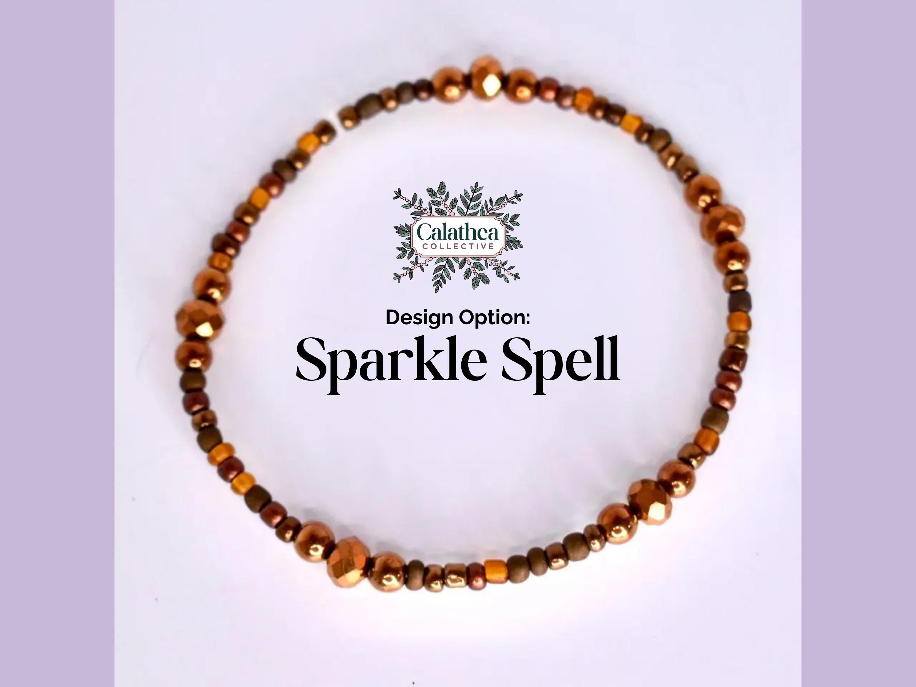 A beaded bracelet with a design option called 'Sparkle Spell.' The bracelet is made of small, dark brown beads and larger, faceted copper-colored beads. The beads are strung together to form a circular shape. The background is white with a purple border.