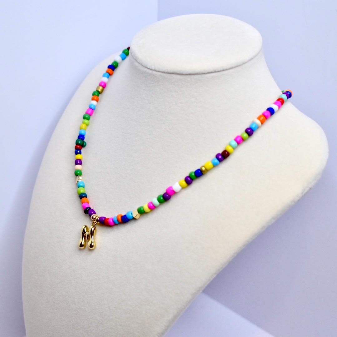 Gold Filled Initial Charm Rainbow Beaded Necklace Personalized Festival Jewelry Letter Design Adjustable Length Chain Summer Style Essential Handmade Jewelry Piece Custom Name Option Beautiful Statement Accessory Perfect Gift