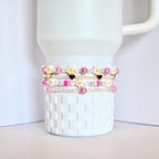 Pink Daisy Beaded Bracelet Stack: Pastel Flower and Heart Bead Accents