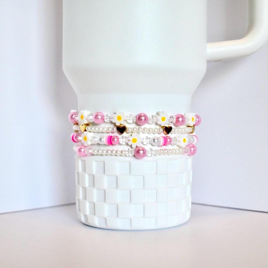 Pink Daisy Beaded Bracelet Stack: Pastel Flower and Heart Bead Accents