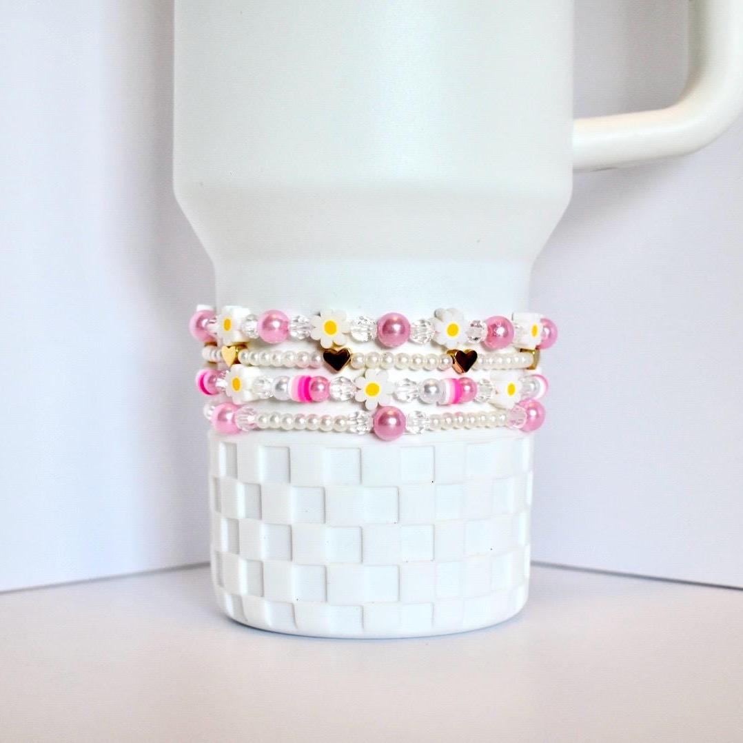 Pink Daisy Beaded Bracelet Stack: Pastel Flower and Heart Bead Accents