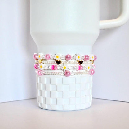 Pink Daisy Beaded Bracelet Stack: Pastel Flower and Heart Bead Accents