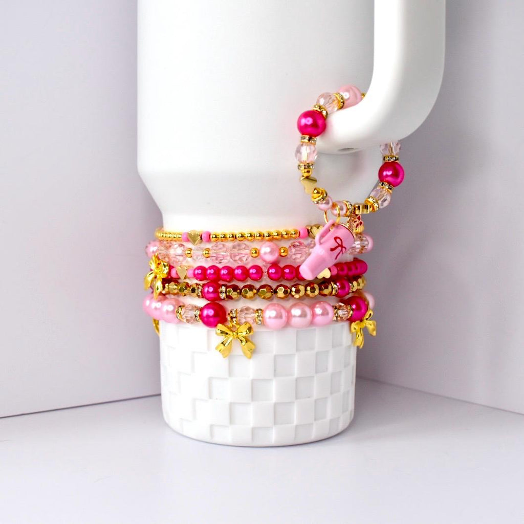 Ibiza Sunset Bracelet Collection: Pink and Gold Beaded Bracelets with Bow Charm
