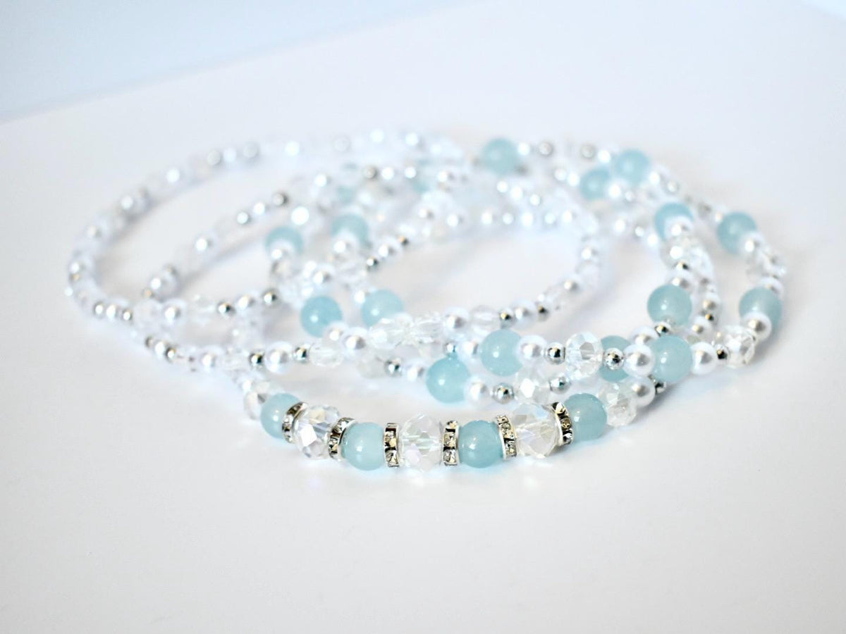 Seafoam Bracelet Collection: Light Blue and Crystal Beaded Bracelets with Silver Accents