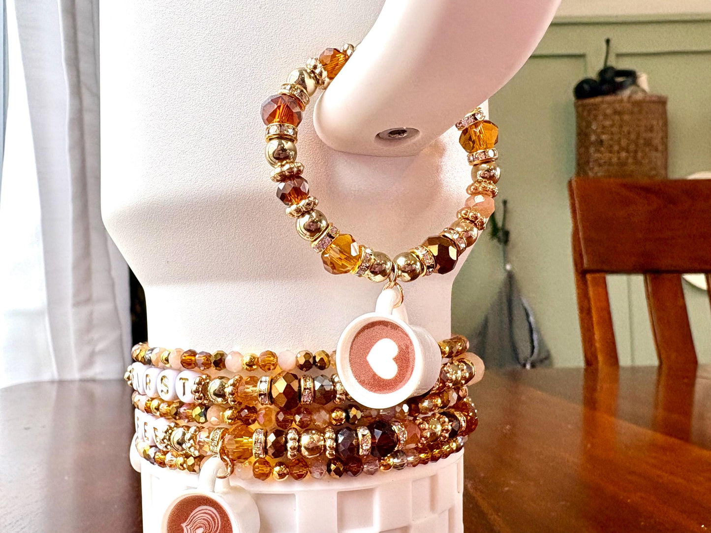 But First Coffee Bracelet Collection - 5 Piece Set Beaded Bracelets with Coffee Cup Charms