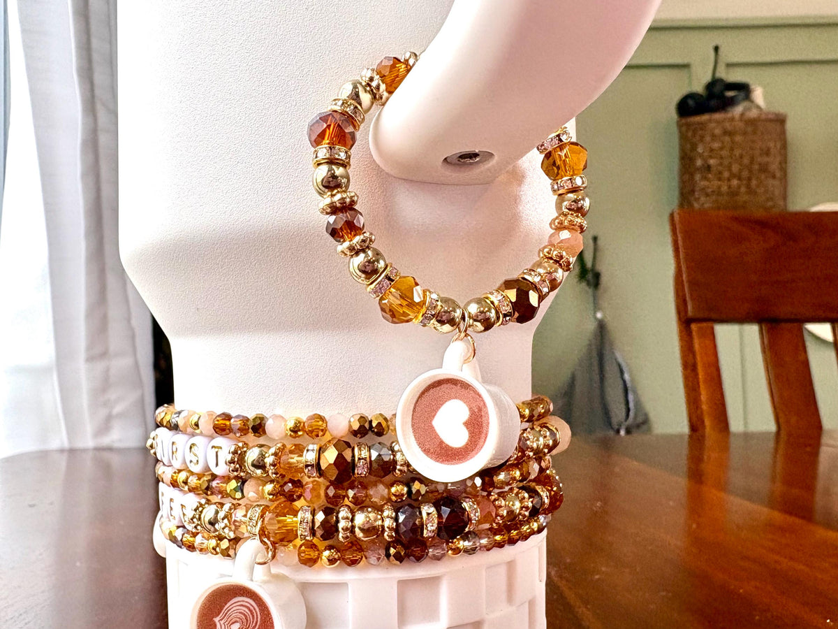But First Coffee Bracelet Collection - 5 Piece Set Beaded Bracelets with Coffee Cup Charms