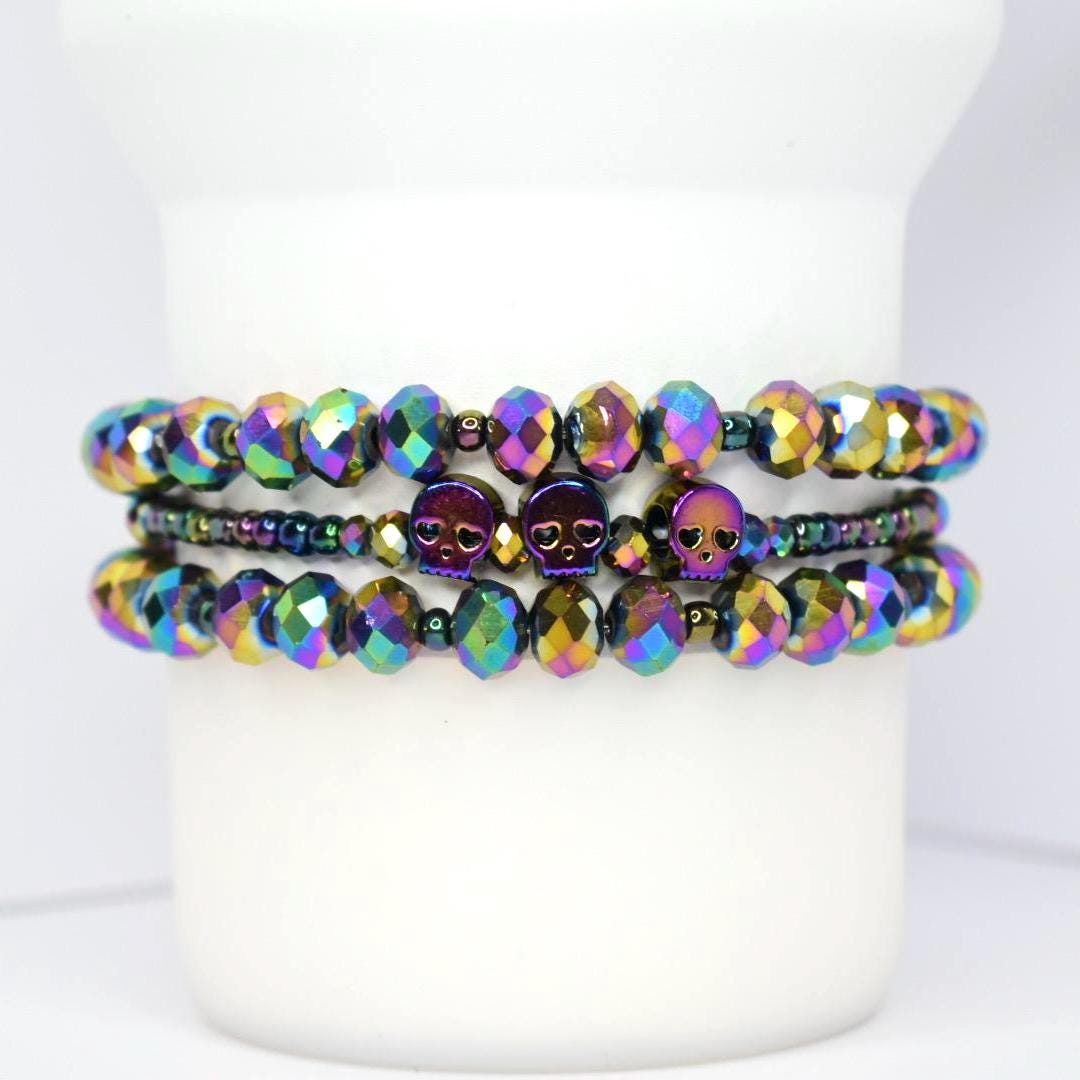 Iridescent skull beaded tumbler bracelets with rainbow faceted beads