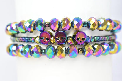 Rainbow crystal skull tumbler bracelet set with faceted metallic beads