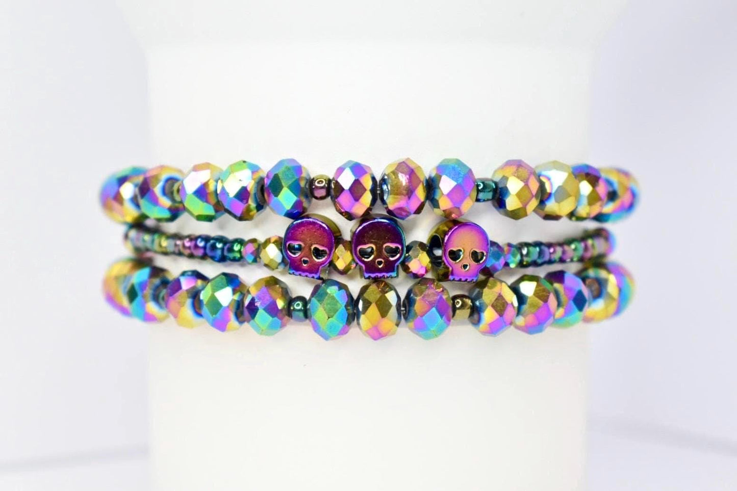 Skull Beaded Bracelet Stack of 3: Iridescent Crystal, Gothic Punk Jewelry
