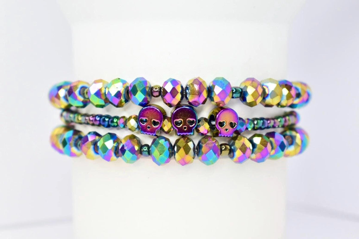 Iridescent Skull Bracelet Stack: Set of 3 Iridescent Crystal Bracelets, Gothic Punk Jewelry