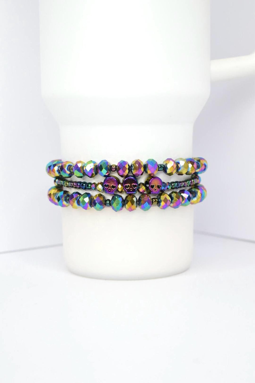 Iridescent Skull Bracelet Stack: Set of 3 Iridescent Crystal Bracelets, Gothic Punk Jewelry