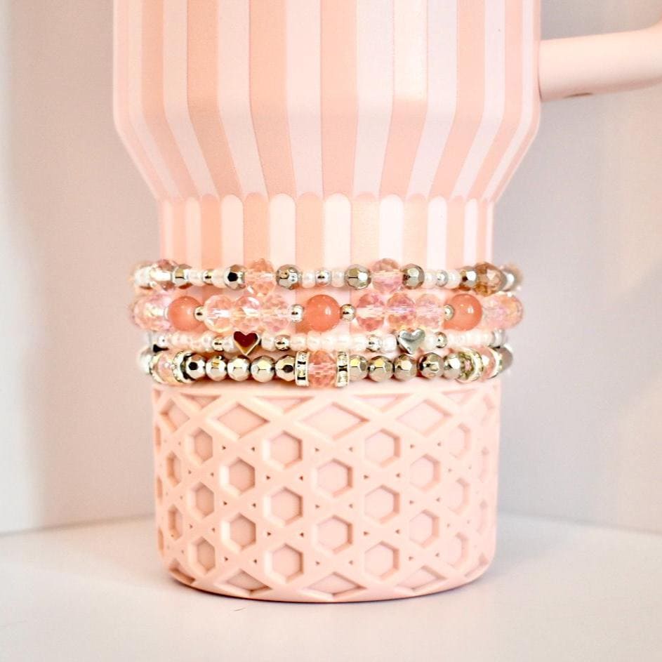 Tea Rose Tile Bracelet Collection: Peach Pink and Silver Beaded Bracelets