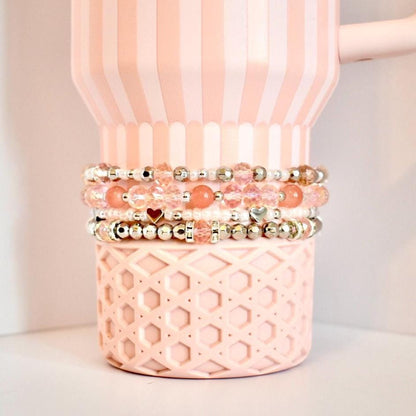 Tea Rose Tile Bracelet Collection: Peach Pink and Silver Beaded Bracelets