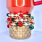 Handcrafted Holiday Bracelets Christmas Bracelet Stack Tumbler Accessory Collection Red Green Beaded Design Bow Charm Detail Sparkle Elastic Band Festive Wrist Decoration Cup Enhancement Set Holiday Gift Idea Seasonal Jewelry Piece