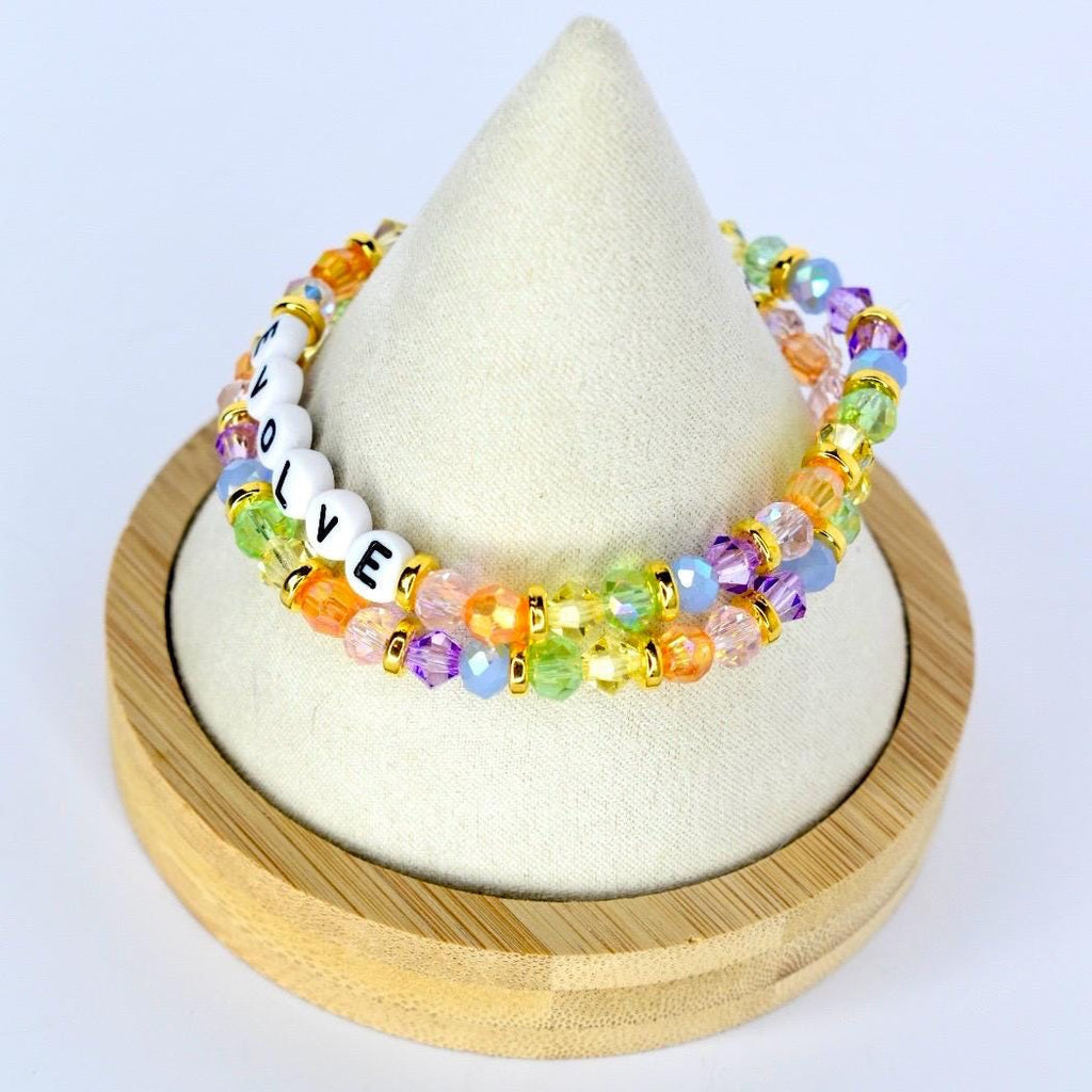 Colorful Beaded Bracelet Set: Pastel Crystal and Gold Accents