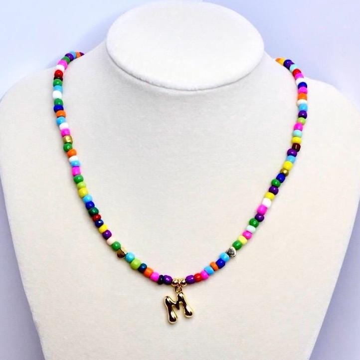 Personalized Festival Jewelry Rainbow Seed Bead Necklace Gold Filled Bubble Letter Charm Adjustable 16-20" Chain Length Summer Fashion Essential Handmade Jewelry Piece Custom Initial Option Beautiful Statement Piece Perfect Gift Choice