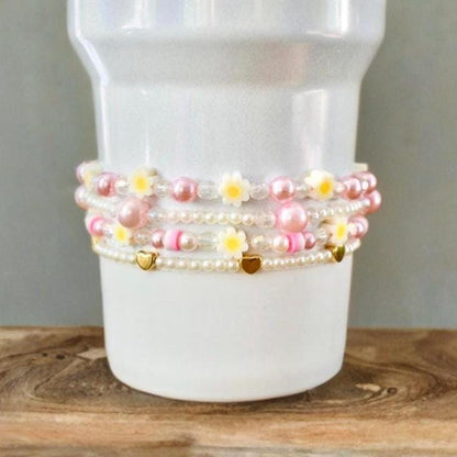 Pink Daisy Beaded Bracelet Stack: Pastel Flower and Heart Bead Accents